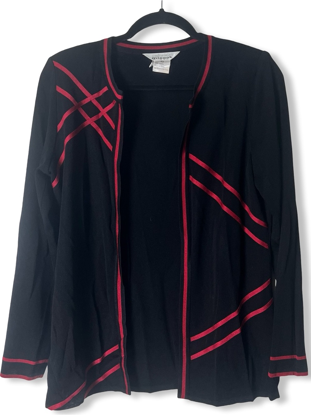 Misook Women’s Geometric Black Magenta Striped Open Cardigan Sz. XS